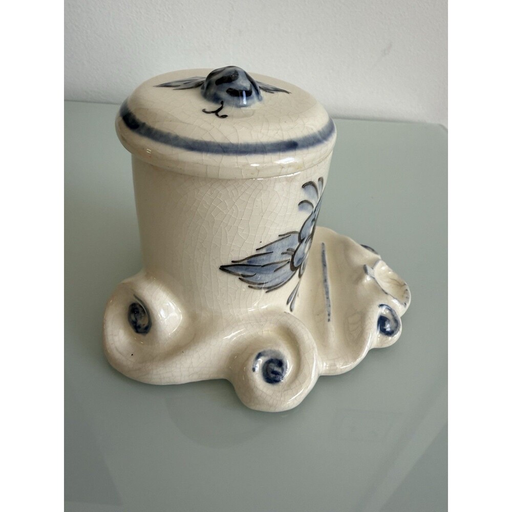 Vintage Dick Knox Hand Painted Ceramic Lidded Jar Blue Floral Decor